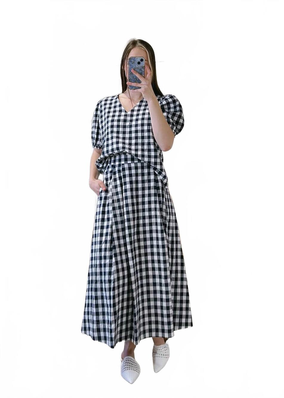 NEW SHE + SKY woven gingham midi skirt in navy